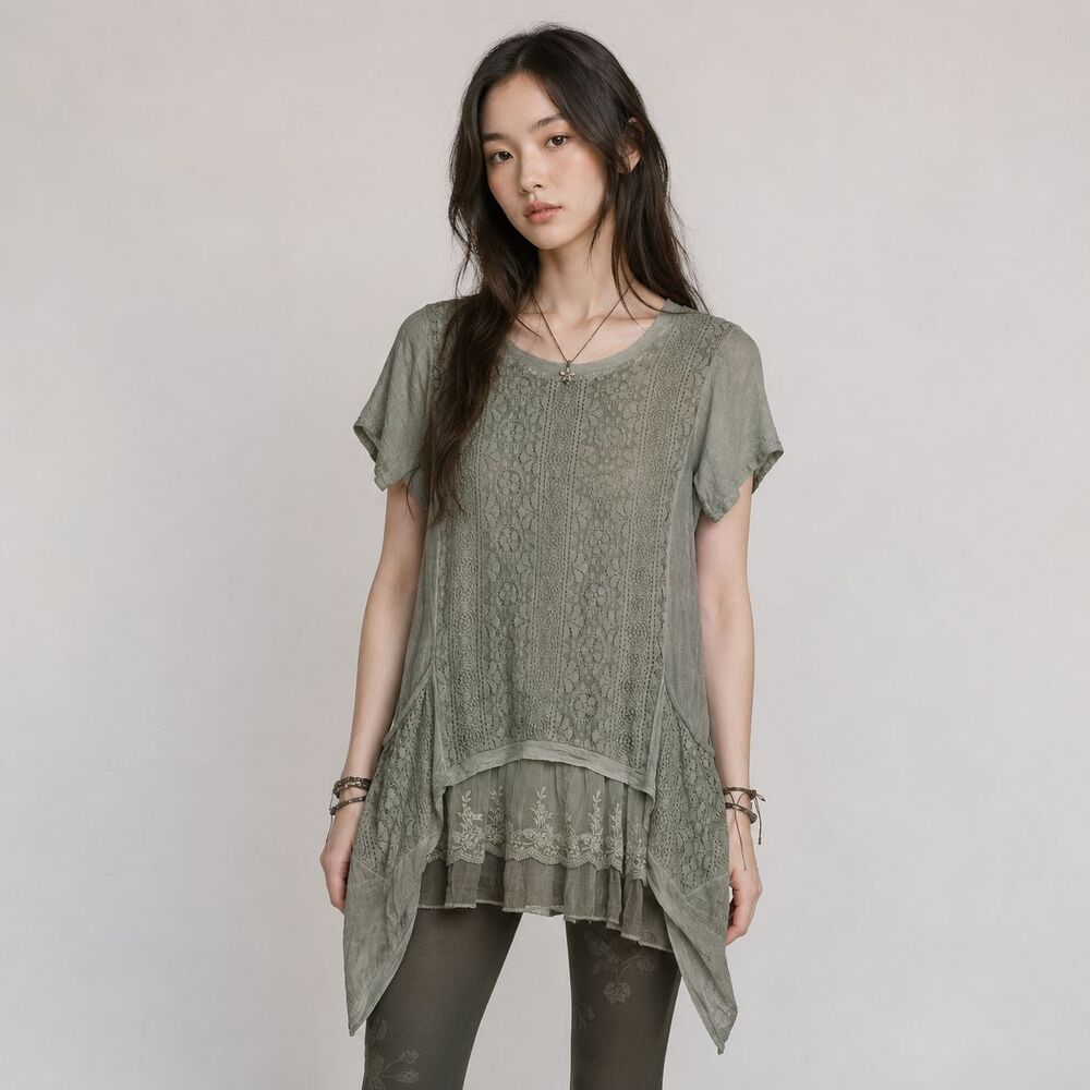 Simply Couture Tunic Top Womens S Sage Green Lace Handkerchief Boho Fairygrunge
